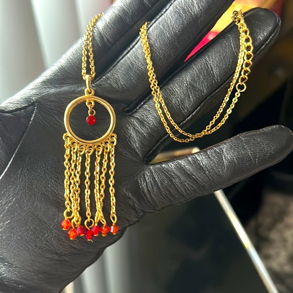 Gold Plated Pendant Red Rhinestones 17” - Picture 2 of 2